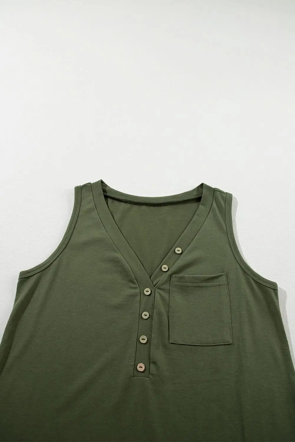 Jungle Green Half Button V Neck Patched Pocket Tank Top - Love Salve